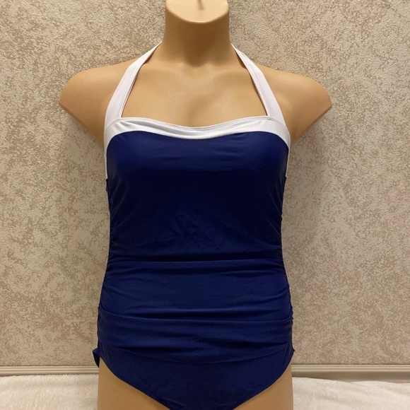 Basic Editions Blue and White Halter One-Piece Swimsuit - Picture 1 of 16